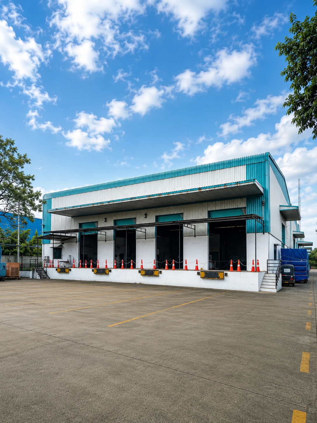 Multi-bay loading dock with dock levellers at the CIPL II warehouse facility in Mahalunge, Chakan
